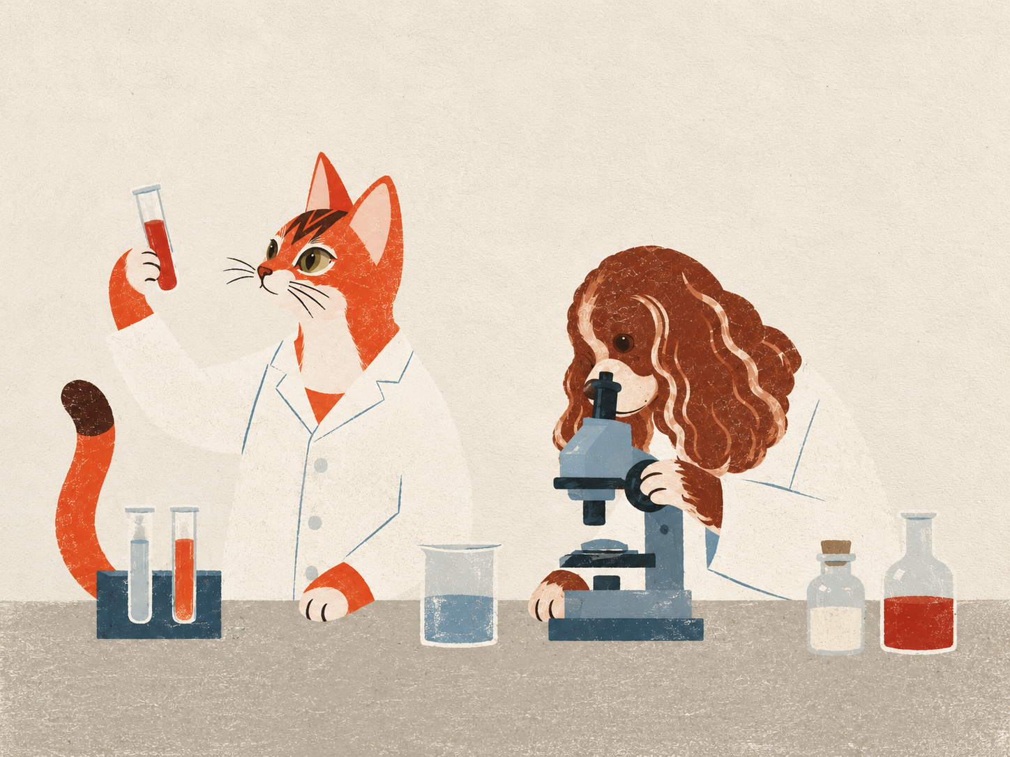 A cat and dog in a refined laboratory scene